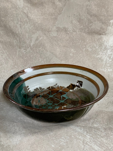 Apple Lane Pottery Bill Nagengast Serving Bowl | Wax Resist Botanical | Forest Green & Walnut | Original Bloomfield Hills Studio | July 1976 | Michigan Studio Porcelain