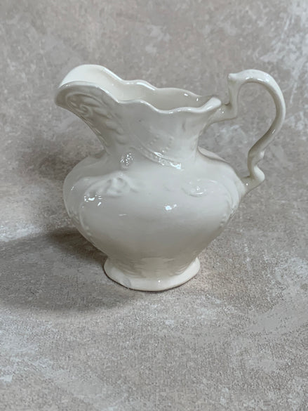 White Embossed Relief Pitcher | Victorian Ironstone Style | Scrollwork Beaded Collar | Ruffled Rim | Botanical Motif | Farmhouse White Decor | Unmarked Vintage
