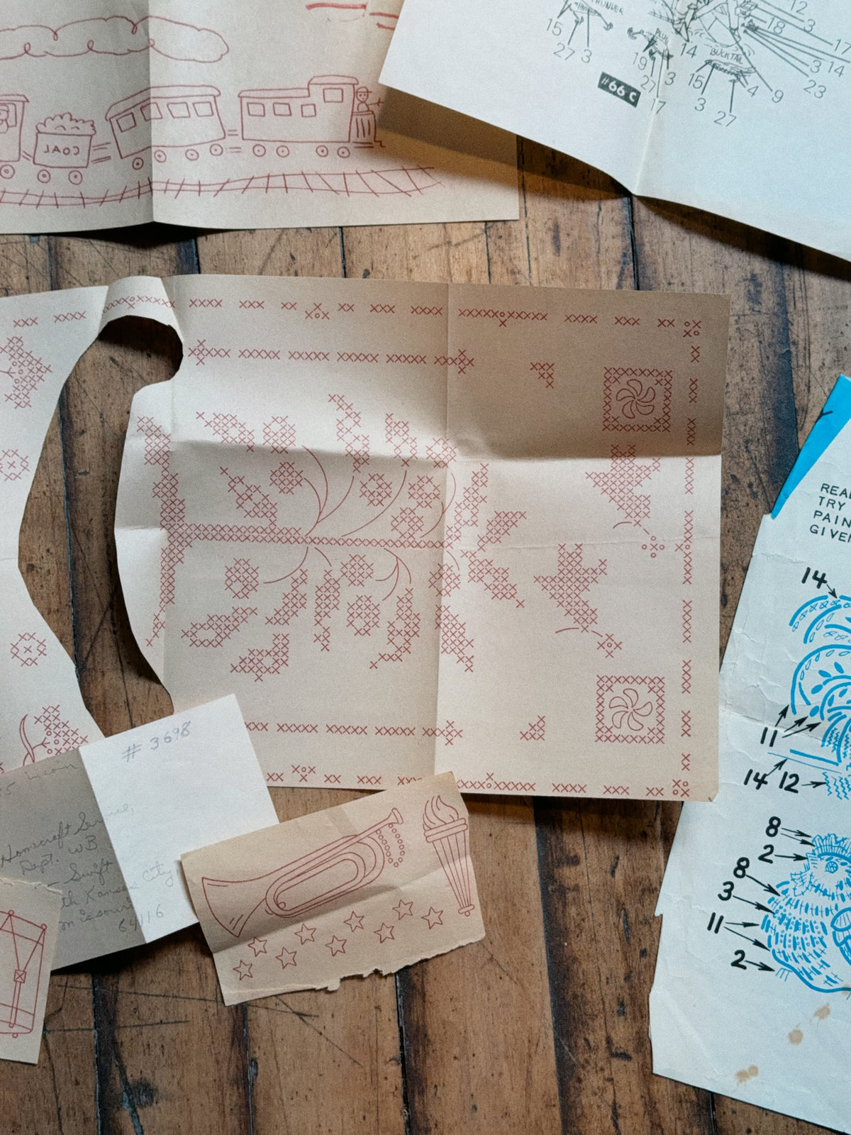 Vintage Embroidery Pattern Lot: Cross Stitch Transfers, Tri-Chem Liquid Embroidery Charts, Fisherman's Crying Towel & Hunter Charts, Sold as a Set