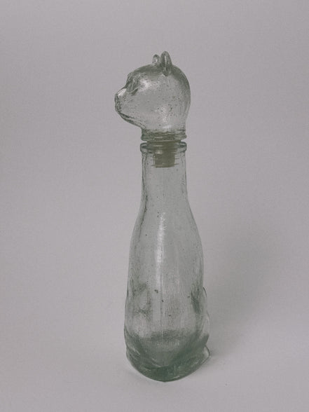 Mid-Century Style Figural Glass Cat Decanter, Green Tint, Made in Taiwan
