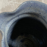 Hand-Thrown Stoneware Pitcher | Cobalt Blue Folk Botanical | Ruffled Rim | American Studio Pottery | Buff Clay | Signed | 1970s–1990s Craft Revival