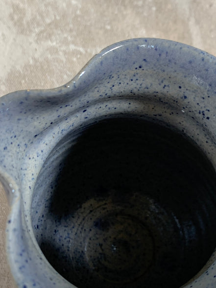 Hand-Thrown Stoneware Pitcher | Cobalt Blue Folk Botanical | Ruffled Rim | American Studio Pottery | Buff Clay | Signed | 1970s–1990s Craft Revival