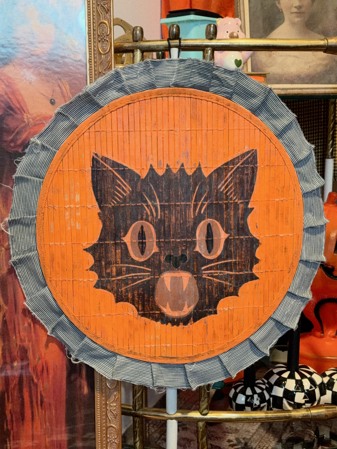 Handmade Black Cat Halloween Wall Art, Hand-Painted Bamboo with Ruffle Trim