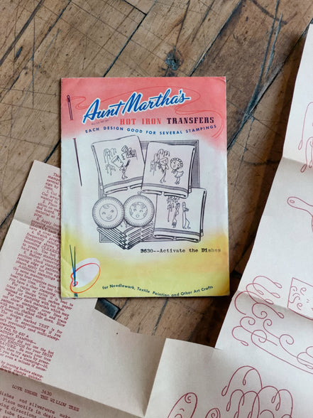Vintage Aunt Martha's Hot Iron Transfer #3630 "Activate the Dishes," Animated Kitchen Embroidery Pattern