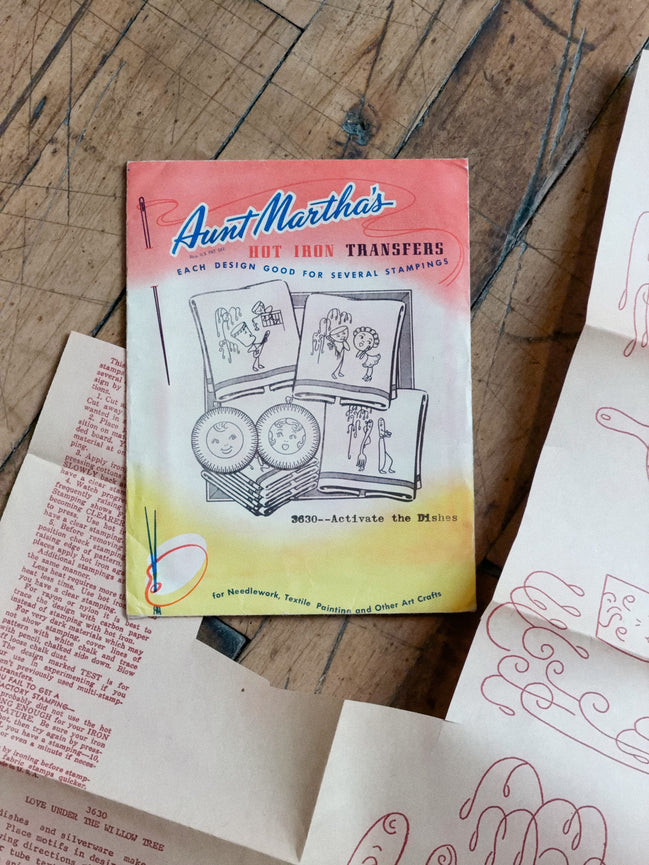 Vintage Aunt Martha's Hot Iron Transfer #3630 "Activate the Dishes," Animated Kitchen Embroidery Pattern