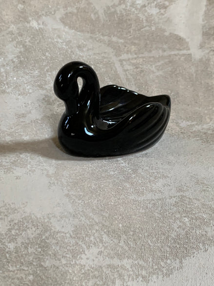 Vintage Black Gloss Ceramic Swan Soap Dish | Ring Holder | Mid-Century | High Gloss Black Glaze | circa 1940s–1960s | Vanity Decor | Bathroom Decor