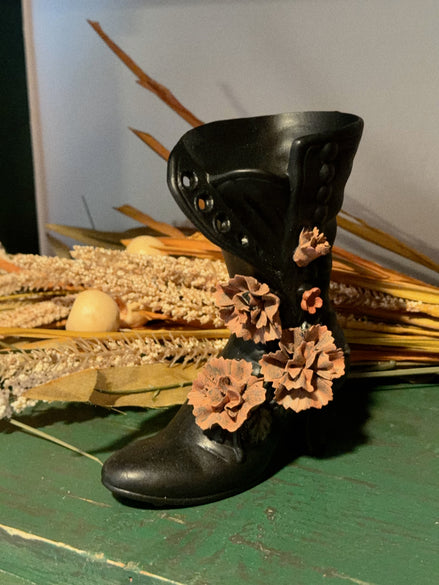 Tall Black Ceramic Eyelet Boot Vase with Carnations