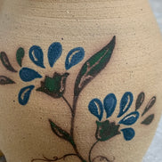 Hand-Thrown Stoneware Pitcher | Cobalt Blue Folk Botanical | Ruffled Rim | American Studio Pottery | Buff Clay | Signed | 1970s–1990s Craft Revival