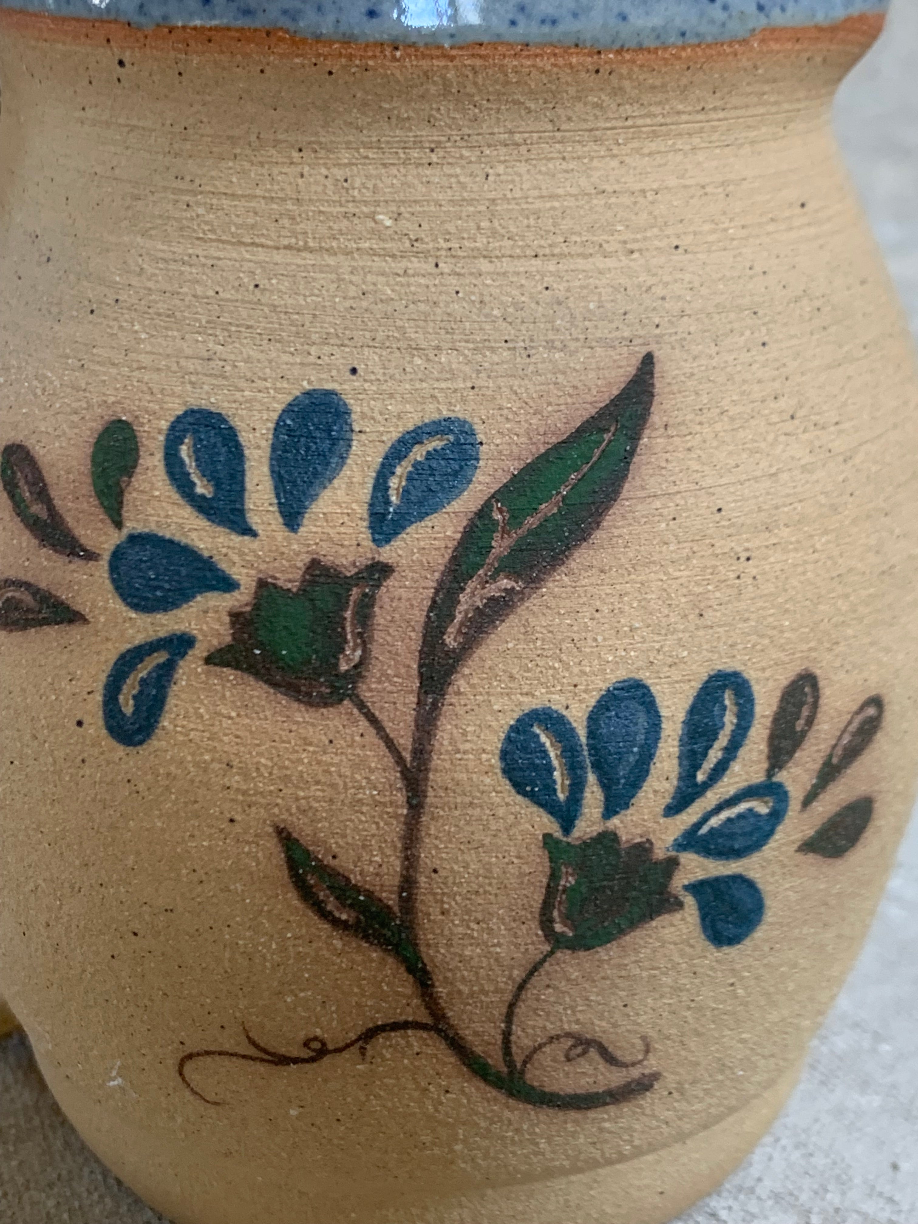 Hand-Thrown Stoneware Pitcher | Cobalt Blue Folk Botanical | Ruffled Rim | American Studio Pottery | Buff Clay | Signed | 1970s–1990s Craft Revival