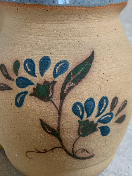 Hand-Thrown Stoneware Pitcher | Cobalt Blue Folk Botanical | Ruffled Rim | American Studio Pottery | Buff Clay | Signed | 1970s–1990s Craft Revival