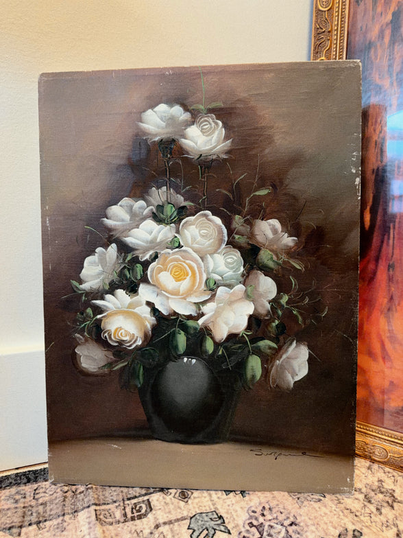 Oil Painting, White Roses in a Dark Vase, Signed "Suzanne"