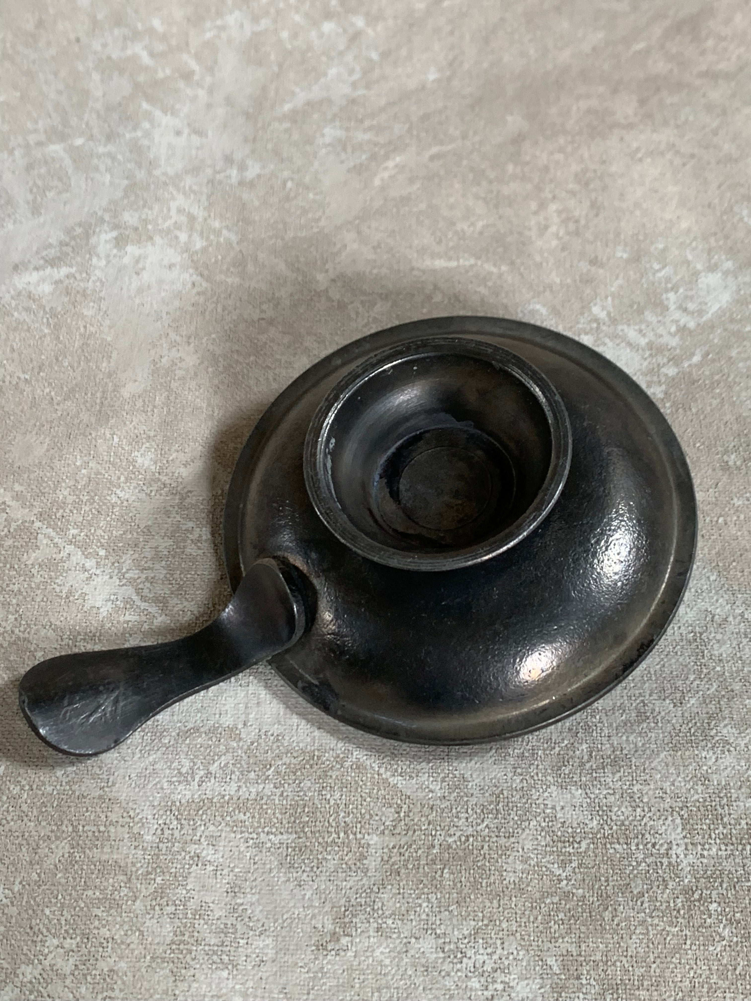 Antique Pewter Chamber Candlestick | Paddle Handle | Drip Tray | Struck Touch Mark | Taper Candle Holder | Colonial Style | American or English Pewter