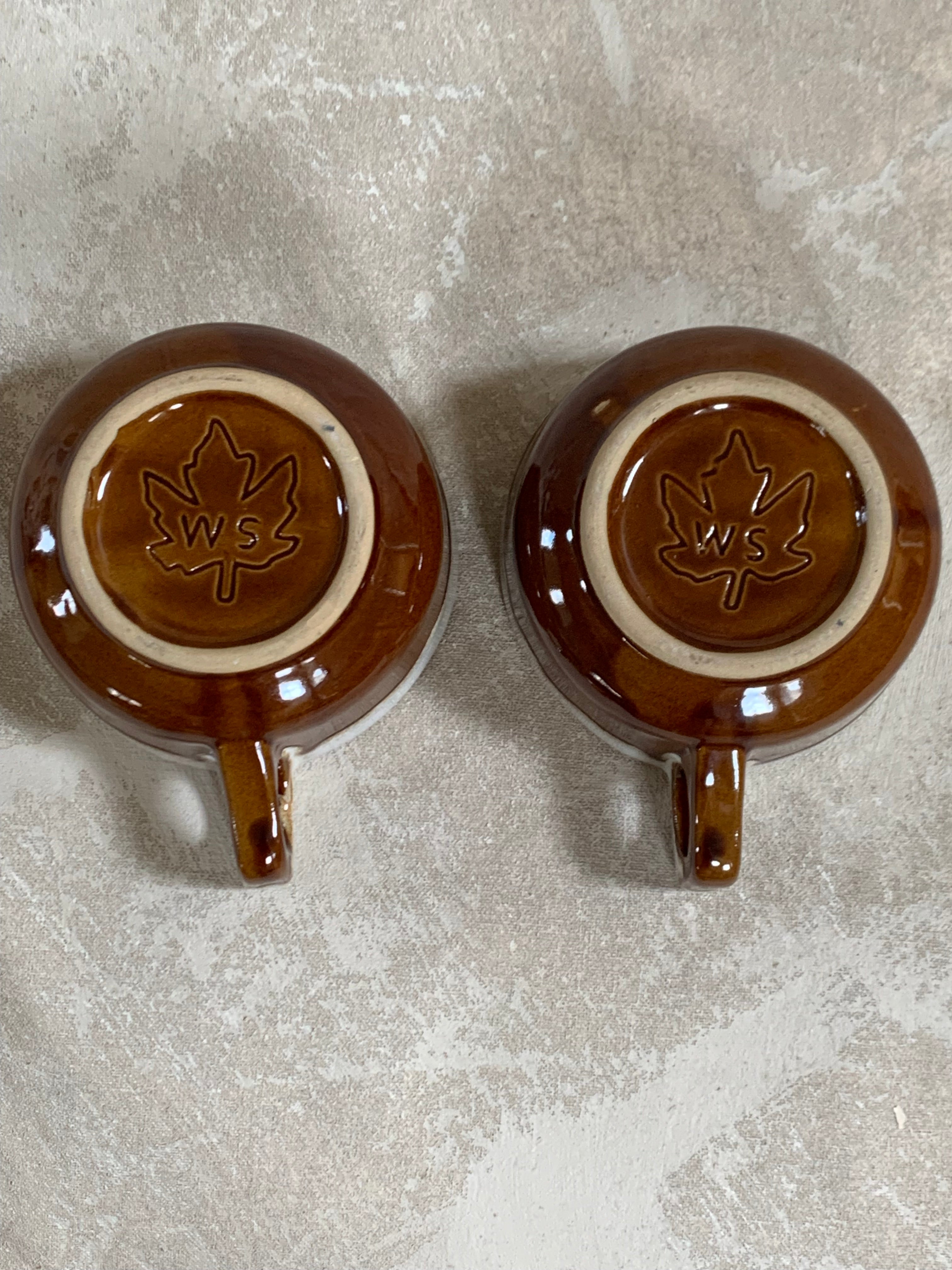 Western Stoneware Co. Mug Set of Two | WS Maple Leaf Mark | Brown Drip Glaze | Loop Handle | Monmouth Illinois | circa 1960s–1970s | Stoneware | Kitchen Decor