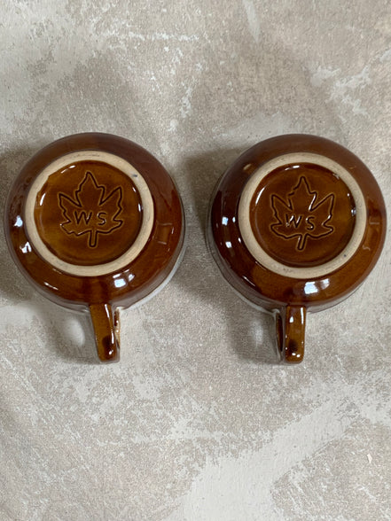 Western Stoneware Co. Mug Set of Two | WS Maple Leaf Mark | Brown Drip Glaze | Loop Handle | Monmouth Illinois | circa 1960s–1970s | Stoneware | Kitchen Decor