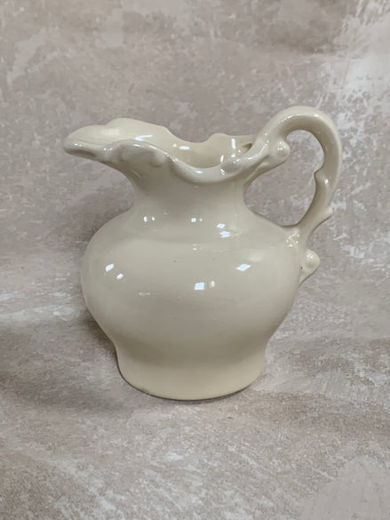 White Ruffled Rim Ceramic Pitcher | Peony Ruffle Rim | Globular Body | American Belleek Style | Creamer Vase | Farmhouse White Decor | Vintage Ivory Glaze