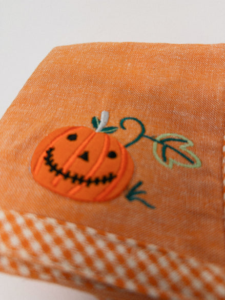 Halloween Jack-o'-Lantern Cloth Napkins, Set of 3, Orange with Gingham Trim