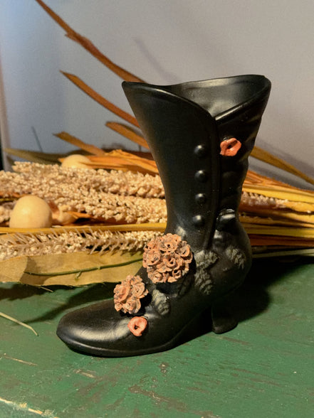 Tall Black Ceramic Button Boot Vase with Coral Roses