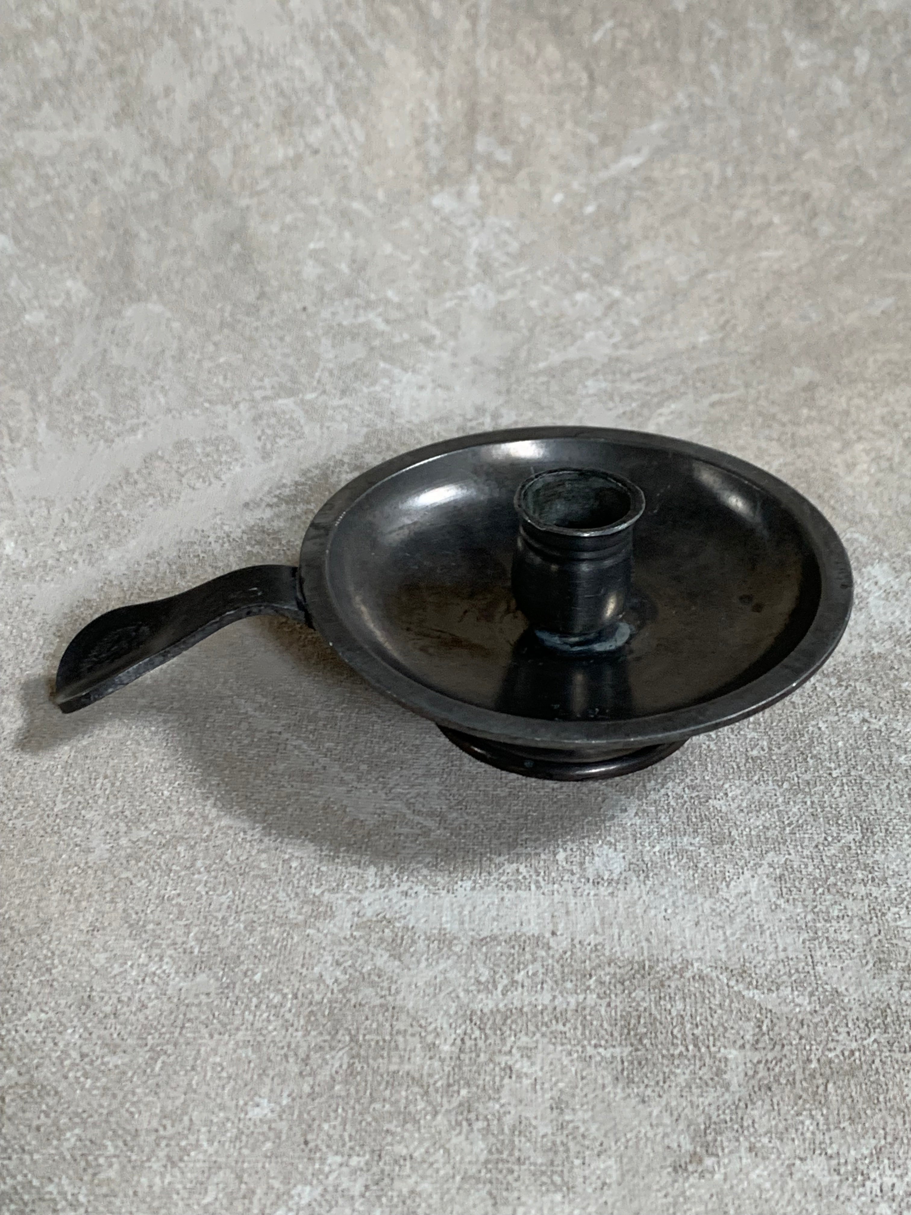 Antique Pewter Chamber Candlestick | Paddle Handle | Drip Tray | Struck Touch Mark | Taper Candle Holder | Colonial Style | American or English Pewter