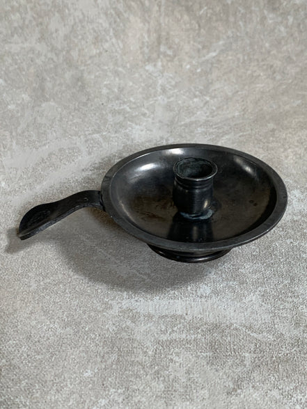 Antique Pewter Chamber Candlestick | Paddle Handle | Drip Tray | Struck Touch Mark | Taper Candle Holder | Colonial Style | American or English Pewter