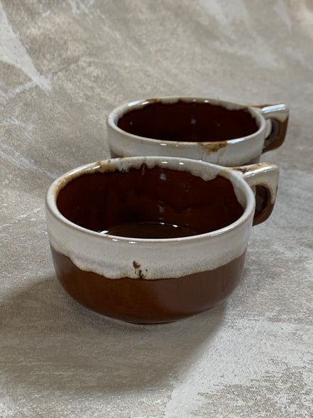 Western Stoneware Co. Mug Set of Two | WS Maple Leaf Mark | Brown Drip Glaze | Loop Handle | Monmouth Illinois | circa 1960s–1970s | Stoneware | Kitchen Decor