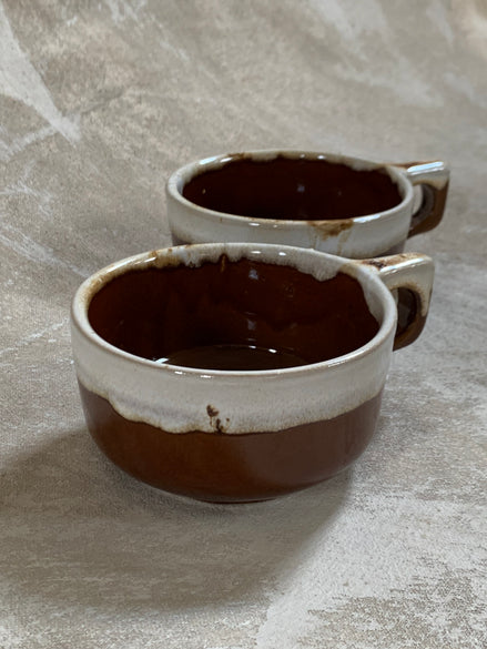 Western Stoneware Co. Mug Set of Two | WS Maple Leaf Mark | Brown Drip Glaze | Loop Handle | Monmouth Illinois | circa 1960s–1970s | Stoneware | Kitchen Decor
