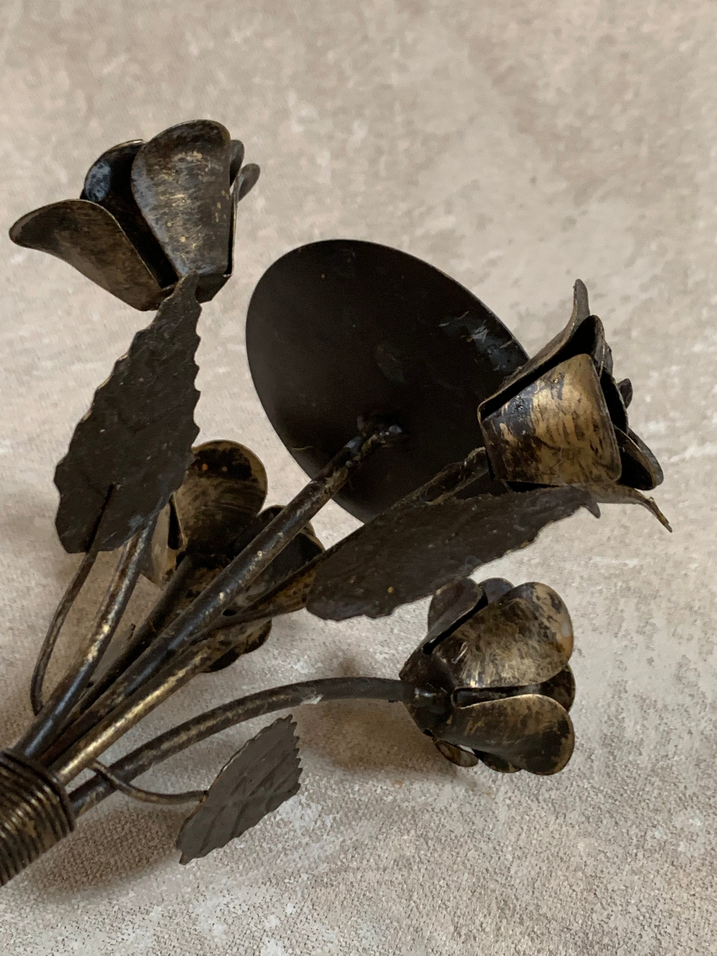 Hand-Fabricated Iron Rose Candleholder | Pillar Candle Spike | Tripod Bouquet Base | Wire-Wrapped Stem | Dark Patina | Folk Metalwork | Romantic Gothic Decor