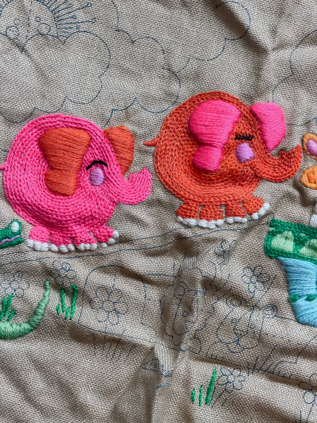 Vintage Avon Creative Needlecraft Crewel Embroidery Kits, Noah's Ark & Piglets and Posies, Started, Set of 2 with Hoops & Yarn