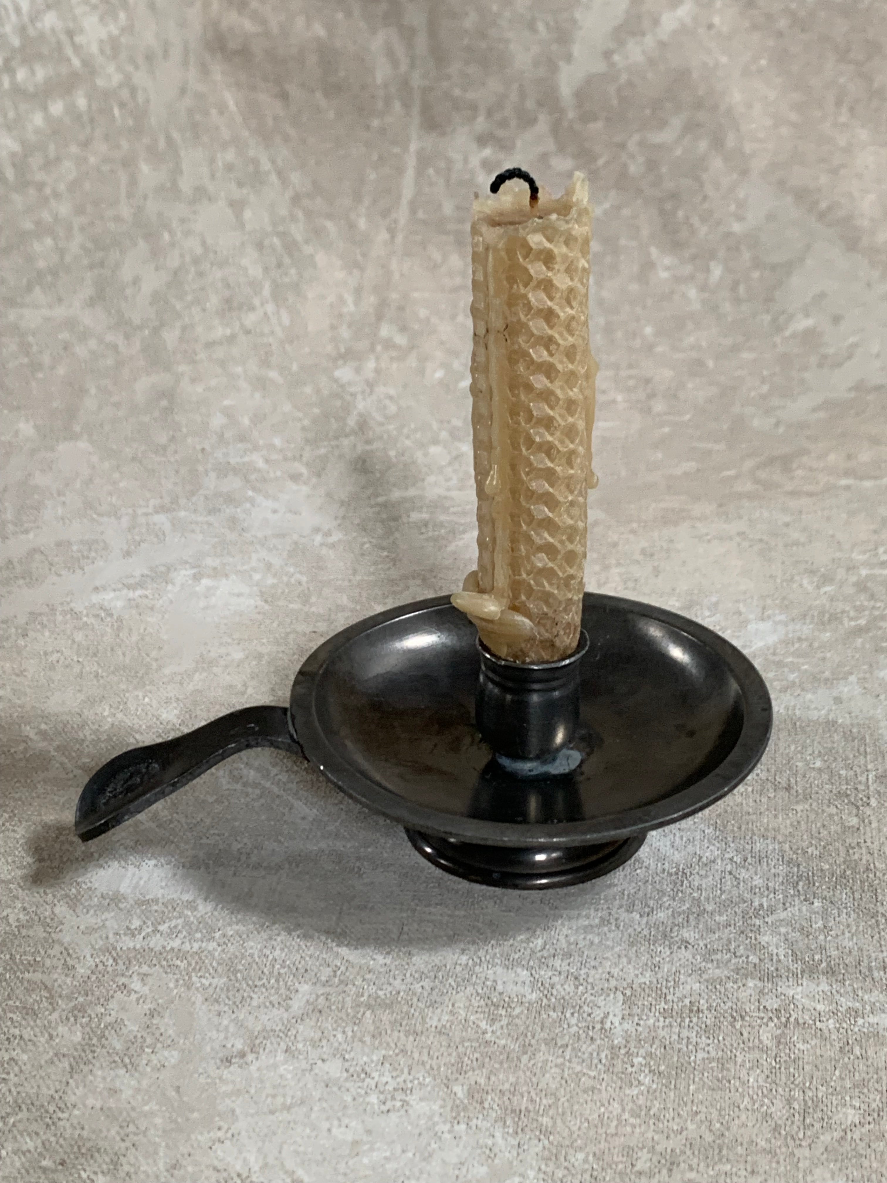 Antique Pewter Chamber Candlestick | Paddle Handle | Drip Tray | Struck Touch Mark | Taper Candle Holder | Colonial Style | American or English Pewter