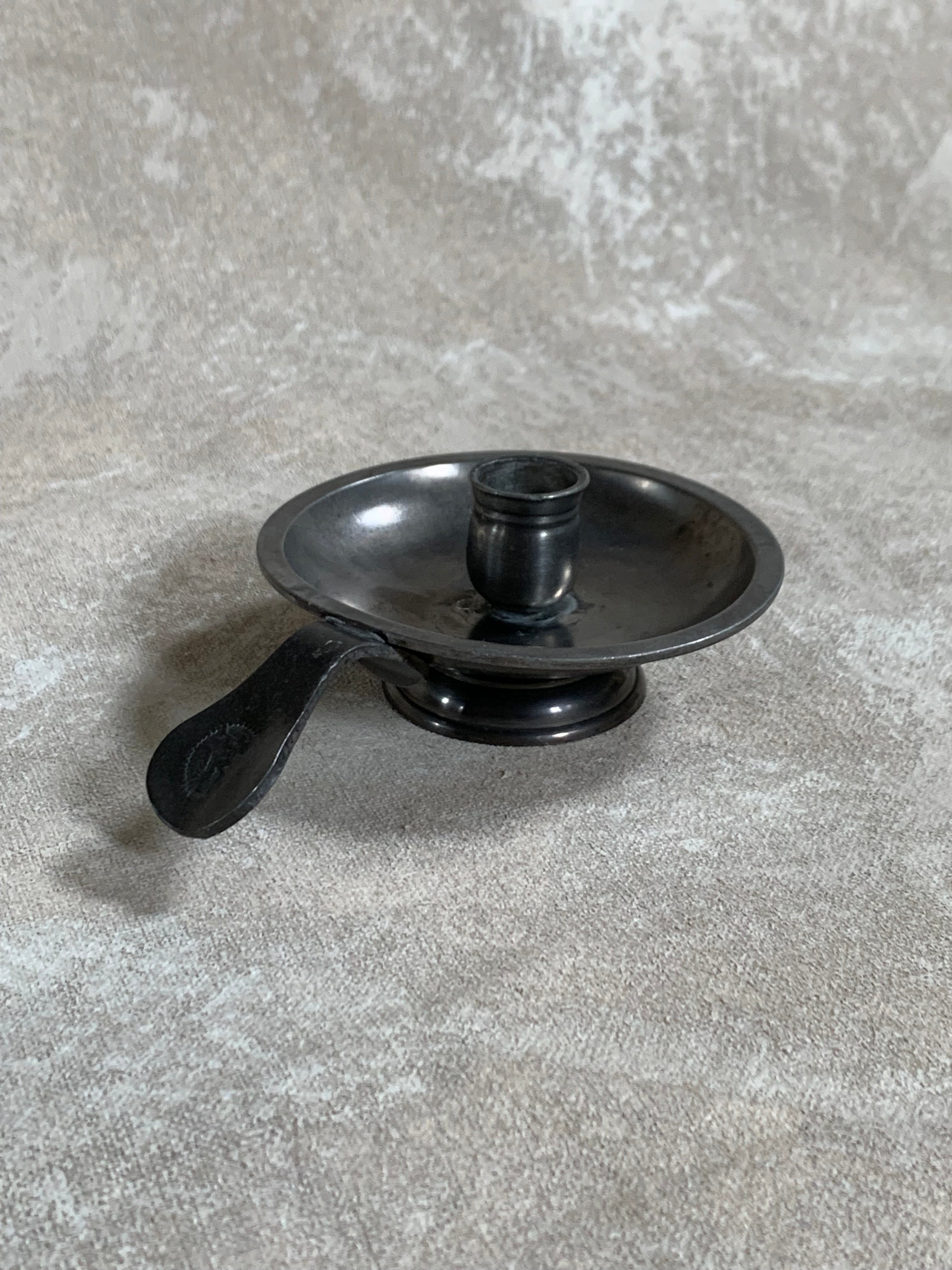 Antique Pewter Chamber Candlestick | Paddle Handle | Drip Tray | Struck Touch Mark | Taper Candle Holder | Colonial Style | American or English Pewter