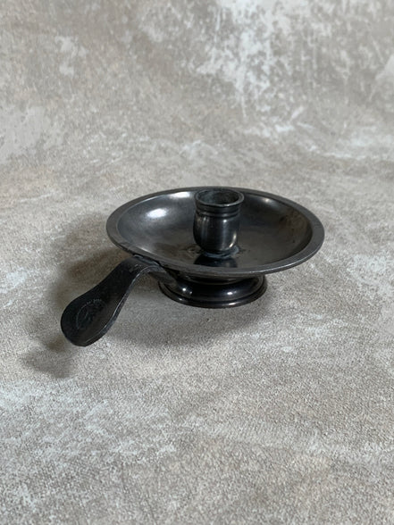 Antique Pewter Chamber Candlestick | Paddle Handle | Drip Tray | Struck Touch Mark | Taper Candle Holder | Colonial Style | American or English Pewter