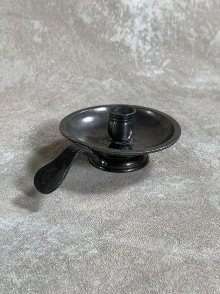 Antique Pewter Chamber Candlestick | Paddle Handle | Drip Tray | Struck Touch Mark | Taper Candle Holder | Colonial Style | American or English Pewter