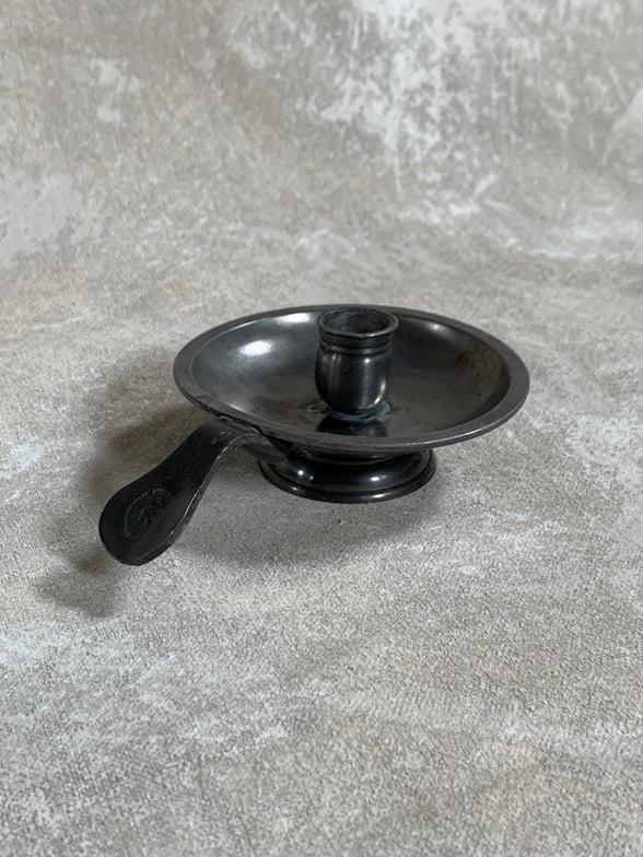 Antique Pewter Chamber Candlestick | Paddle Handle | Drip Tray | Struck Touch Mark | Taper Candle Holder | Colonial Style | American or English Pewter