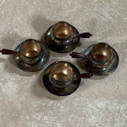 Set of Four French Silver-Plated Bouillon Cups with Wooden Handles and Saucers