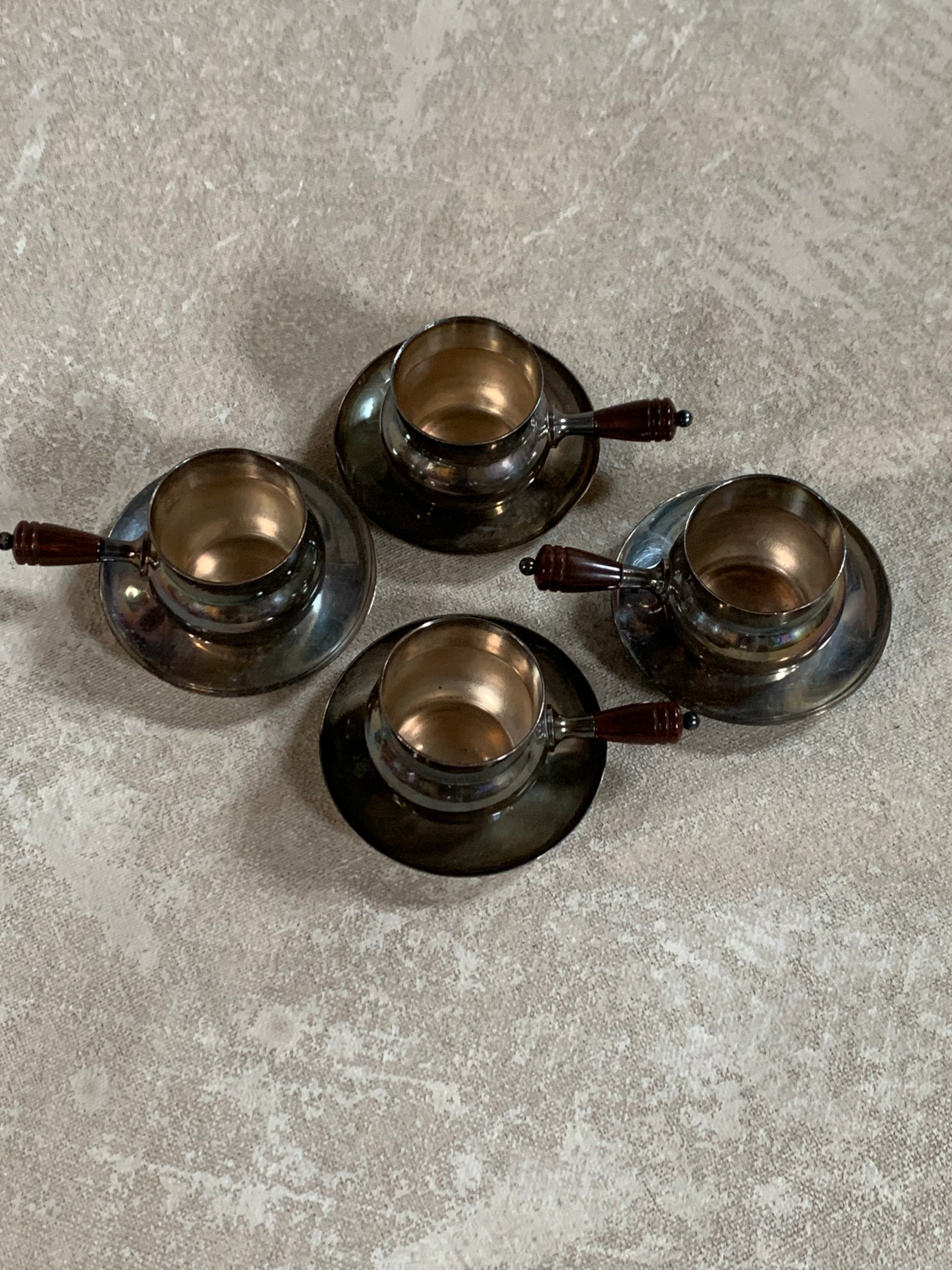 Set of Four French Silver-Plated Bouillon Cups with Wooden Handles and Saucers