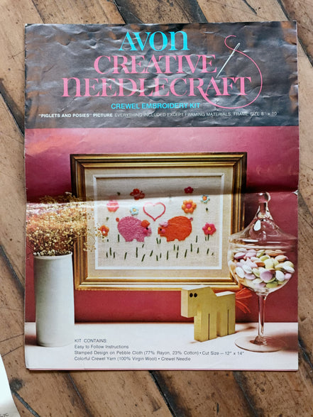 Vintage Avon Creative Needlecraft Crewel Embroidery Kits, Noah's Ark & Piglets and Posies, Started, Set of 2 with Hoops & Yarn