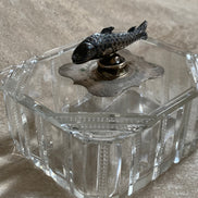 Victorian Pressed Glass Covered Box | Silver Plate Fish Finial Lid | Engraved Cartouche Mount | Octagonal Ribbed Body | circa 1880–1910 | Antique Tableware | Collector Glass