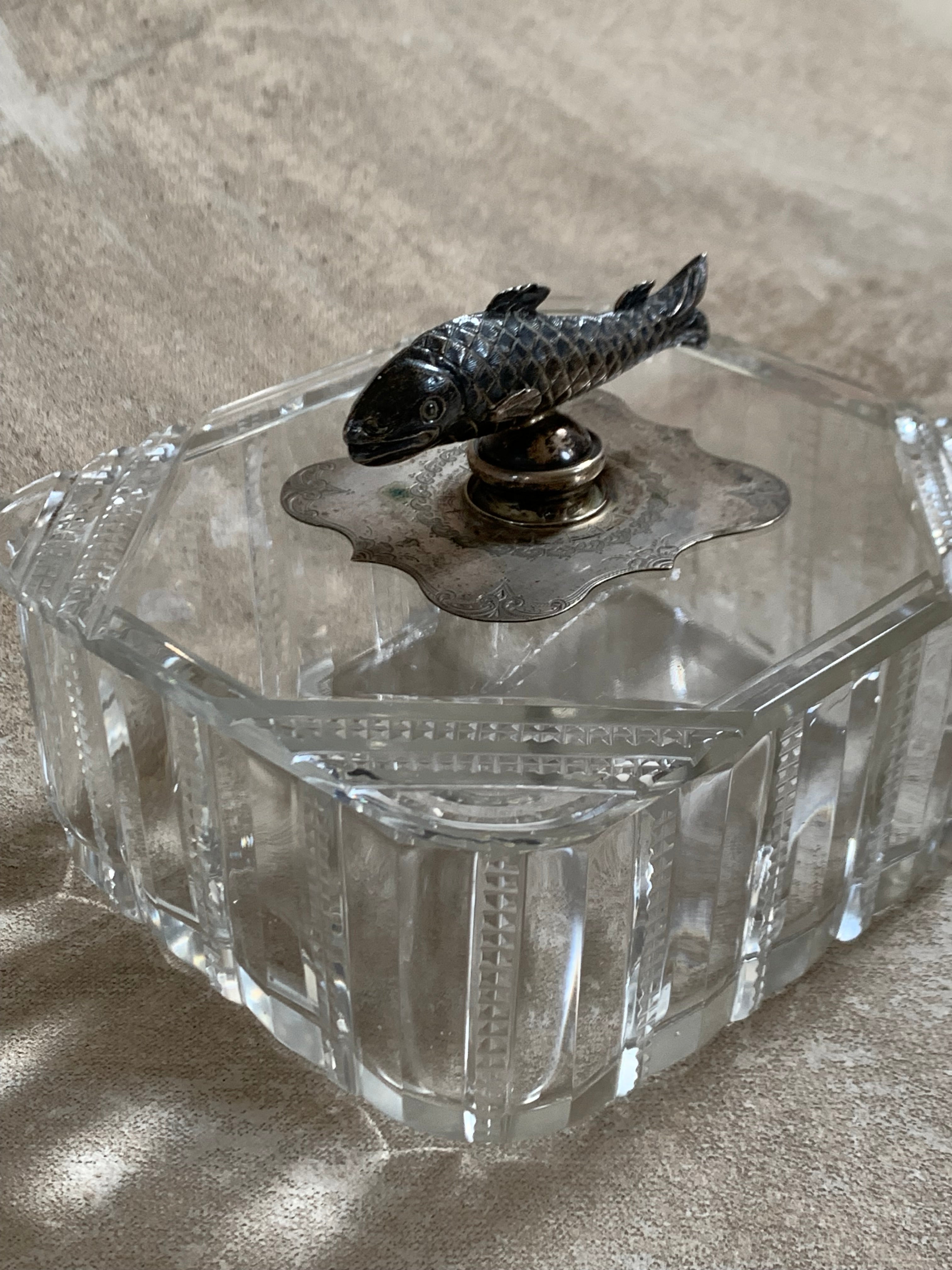 Victorian Pressed Glass Covered Box | Silver Plate Fish Finial Lid | Engraved Cartouche Mount | Octagonal Ribbed Body | circa 1880–1910 | Antique Tableware | Collector Glass