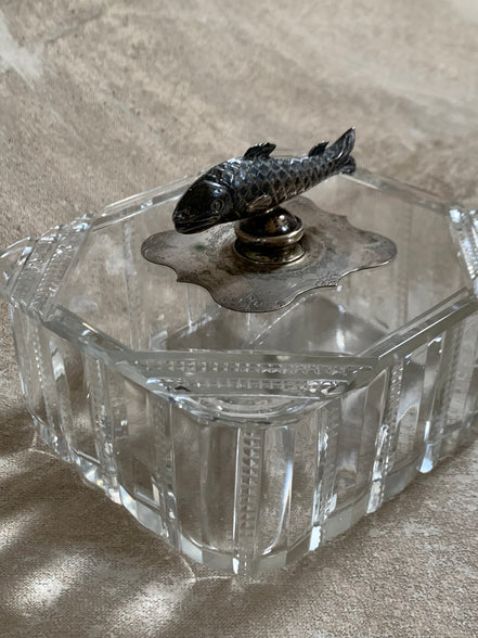 Victorian Pressed Glass Covered Box | Silver Plate Fish Finial Lid | Engraved Cartouche Mount | Octagonal Ribbed Body | circa 1880–1910 | Antique Tableware | Collector Glass