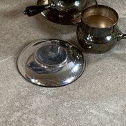 Set of Four French Silver-Plated Bouillon Cups with Wooden Handles and Saucers