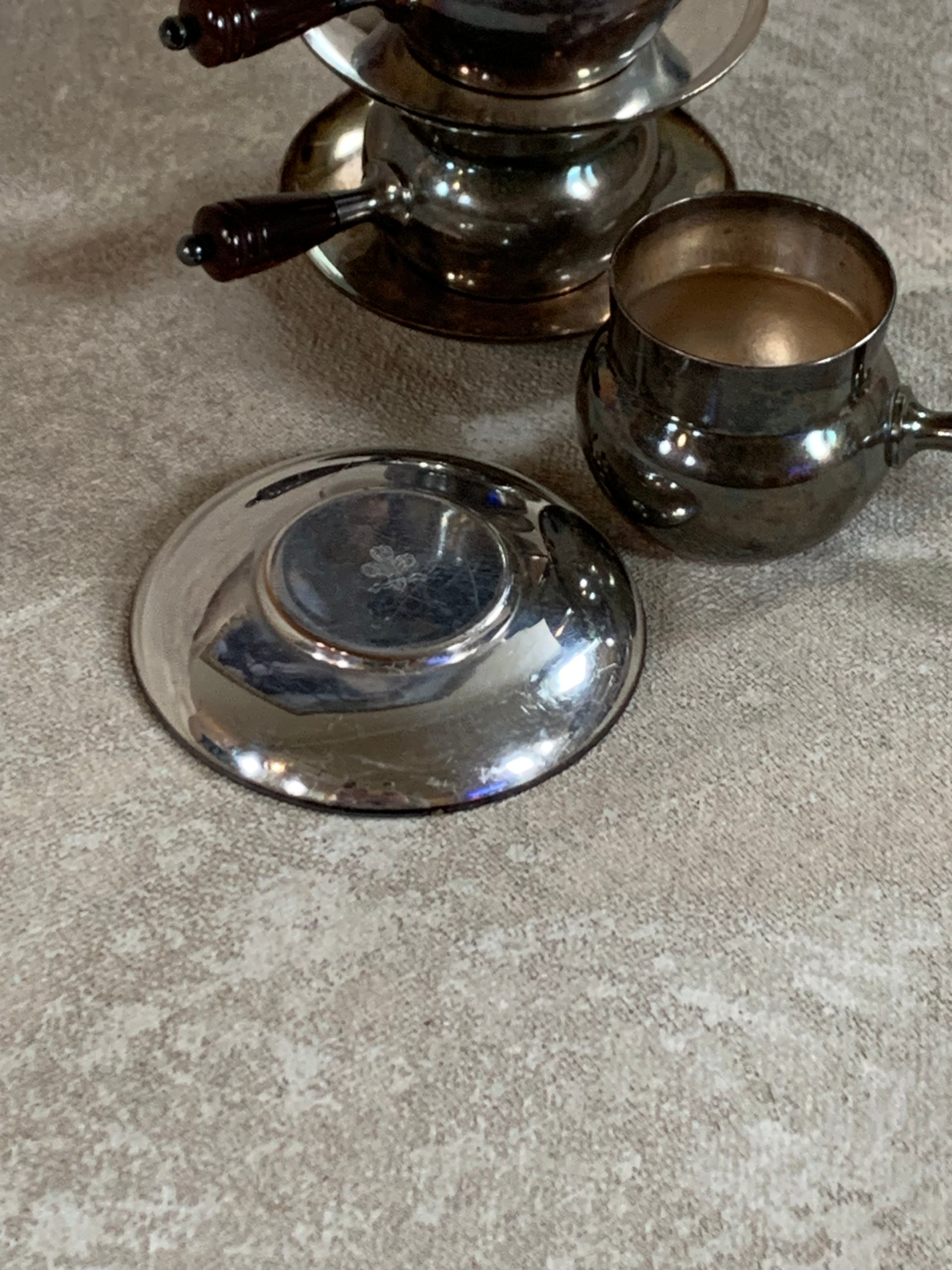 Set of Four French Silver-Plated Bouillon Cups with Wooden Handles and Saucers