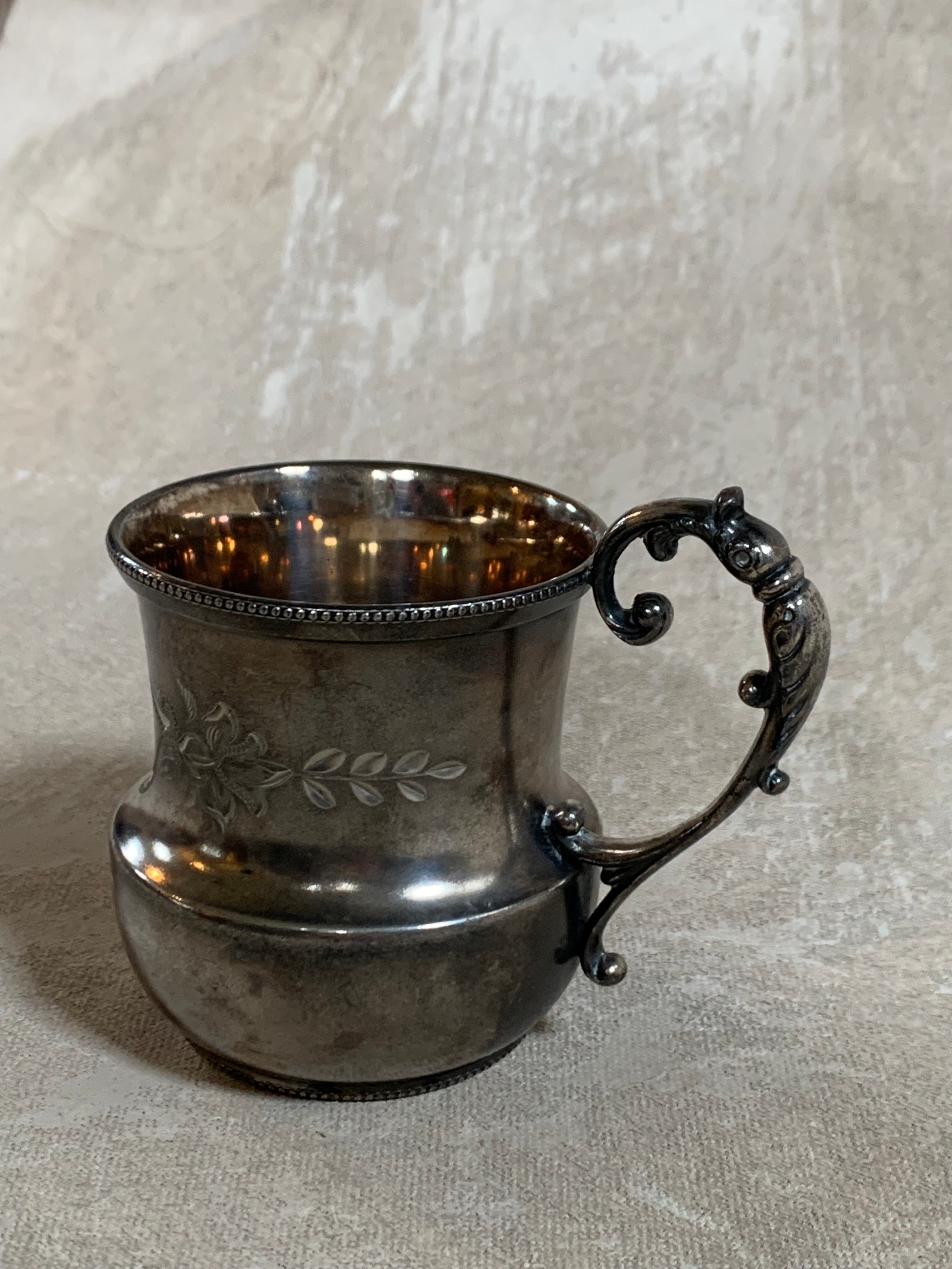 Monarch Silver Co. Triple Plate Victorian Christening Cup, Engraved Floral, Pattern 95