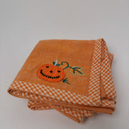 Halloween Jack-o'-Lantern Cloth Napkins, Set of 3, Orange with Gingham Trim