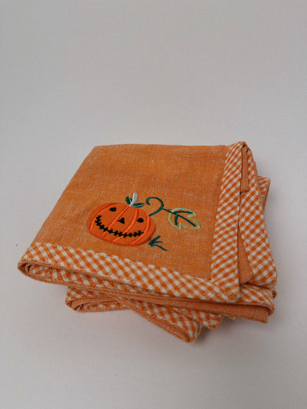 Halloween Jack-o'-Lantern Cloth Napkins, Set of 3, Orange with Gingham Trim