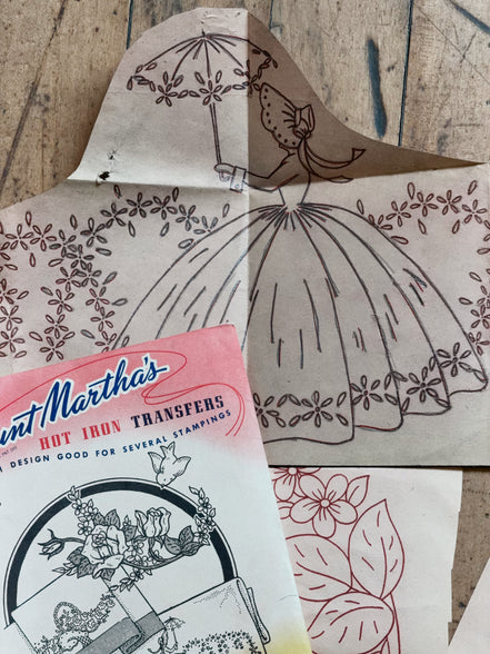 Vintage Aunt Martha's Hot Iron Transfer #3268 "Three Pillowslip Motifs," Colonial Girl, Roses & Bluebird Embroidery Pattern