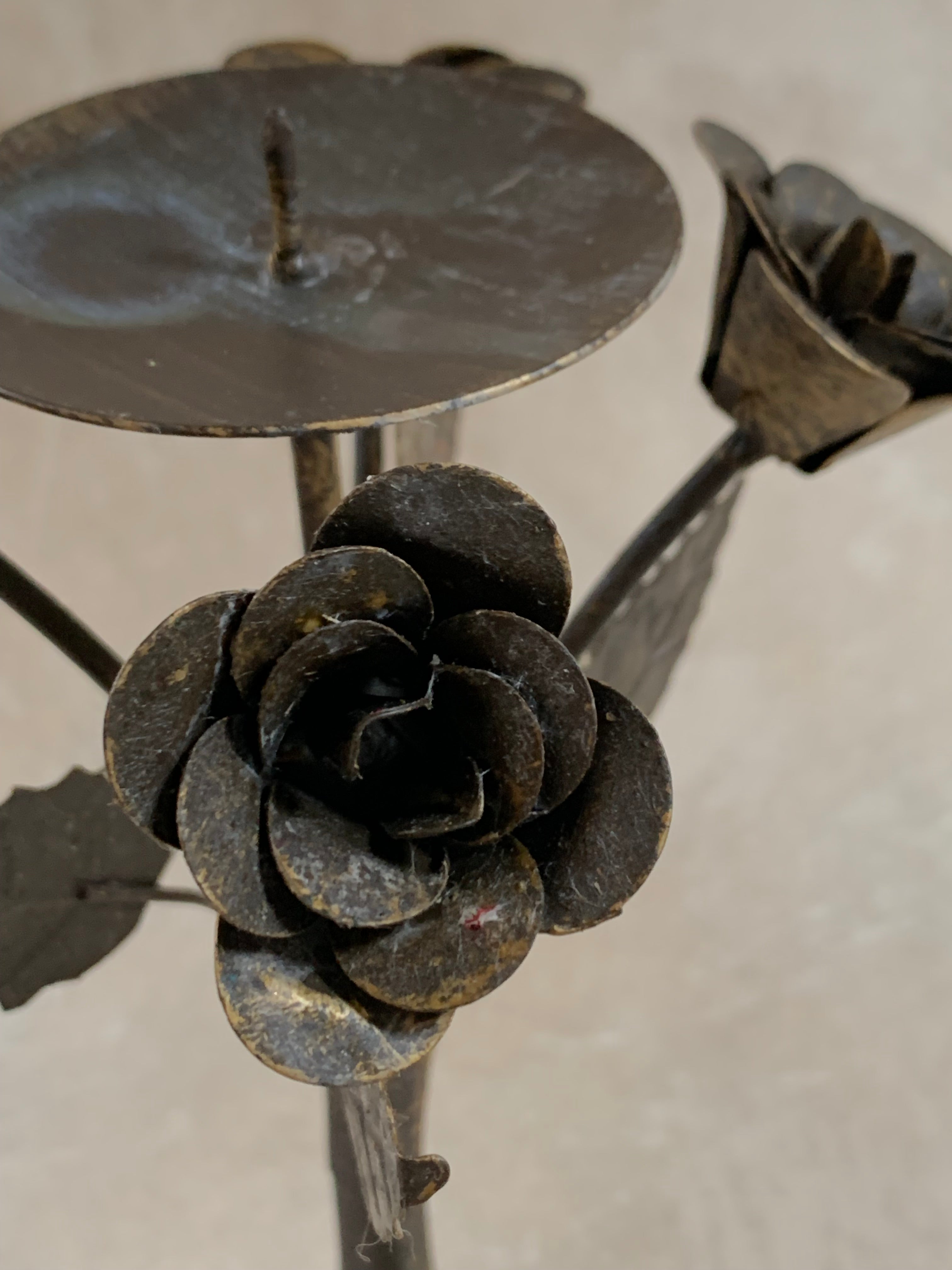 Hand-Fabricated Iron Rose Candleholder | Pillar Candle Spike | Tripod Bouquet Base | Wire-Wrapped Stem | Dark Patina | Folk Metalwork | Romantic Gothic Decor