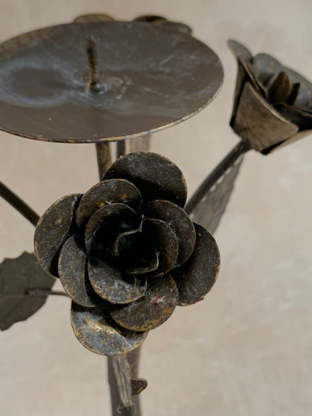Hand-Fabricated Iron Rose Candleholder | Pillar Candle Spike | Tripod Bouquet Base | Wire-Wrapped Stem | Dark Patina | Folk Metalwork | Romantic Gothic Decor