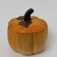 Hand-Carved Wooden Pumpkin Box with Lid, Metal Leaf Accent