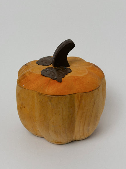 Hand-Carved Wooden Pumpkin Box with Lid, Metal Leaf Accent