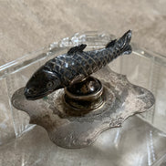 Victorian Pressed Glass Covered Box | Silver Plate Fish Finial Lid | Engraved Cartouche Mount | Octagonal Ribbed Body | circa 1880–1910 | Antique Tableware | Collector Glass