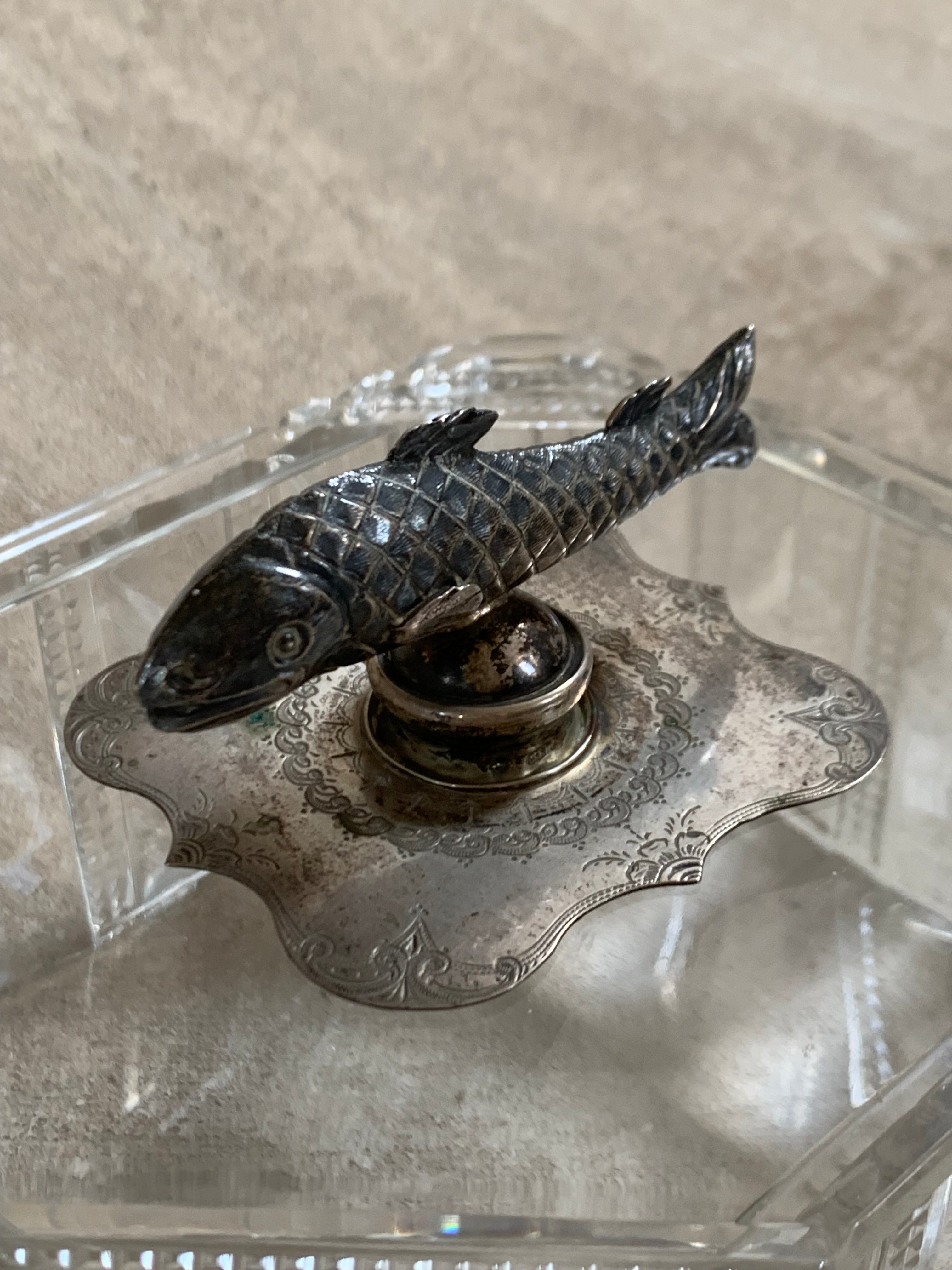 Victorian Pressed Glass Covered Box | Silver Plate Fish Finial Lid | Engraved Cartouche Mount | Octagonal Ribbed Body | circa 1880–1910 | Antique Tableware | Collector Glass
